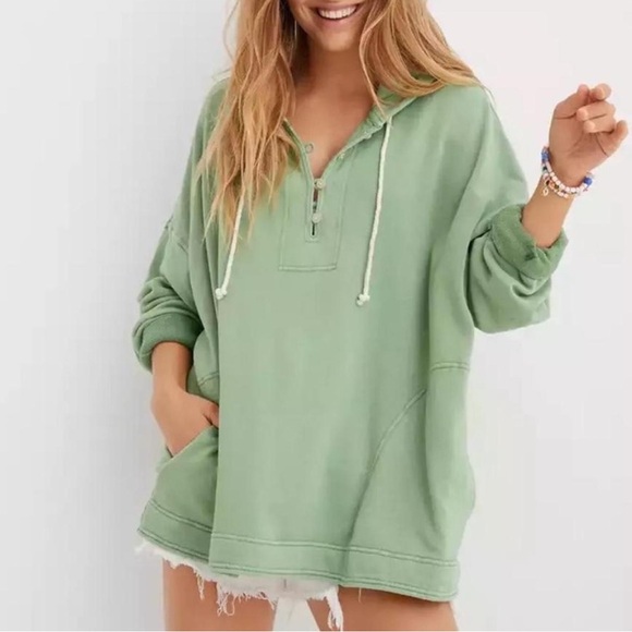 aerie Tops - Aerie Beach Weekend Sage Green Half Button-Up oversized Hooded Sweater